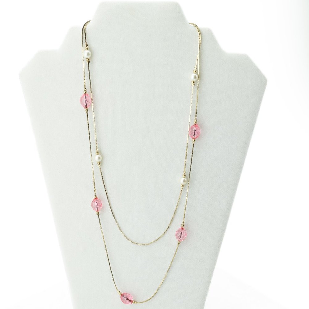 Double Strand Gold Statement Necklace with Pearl and Pink Beads, 80s